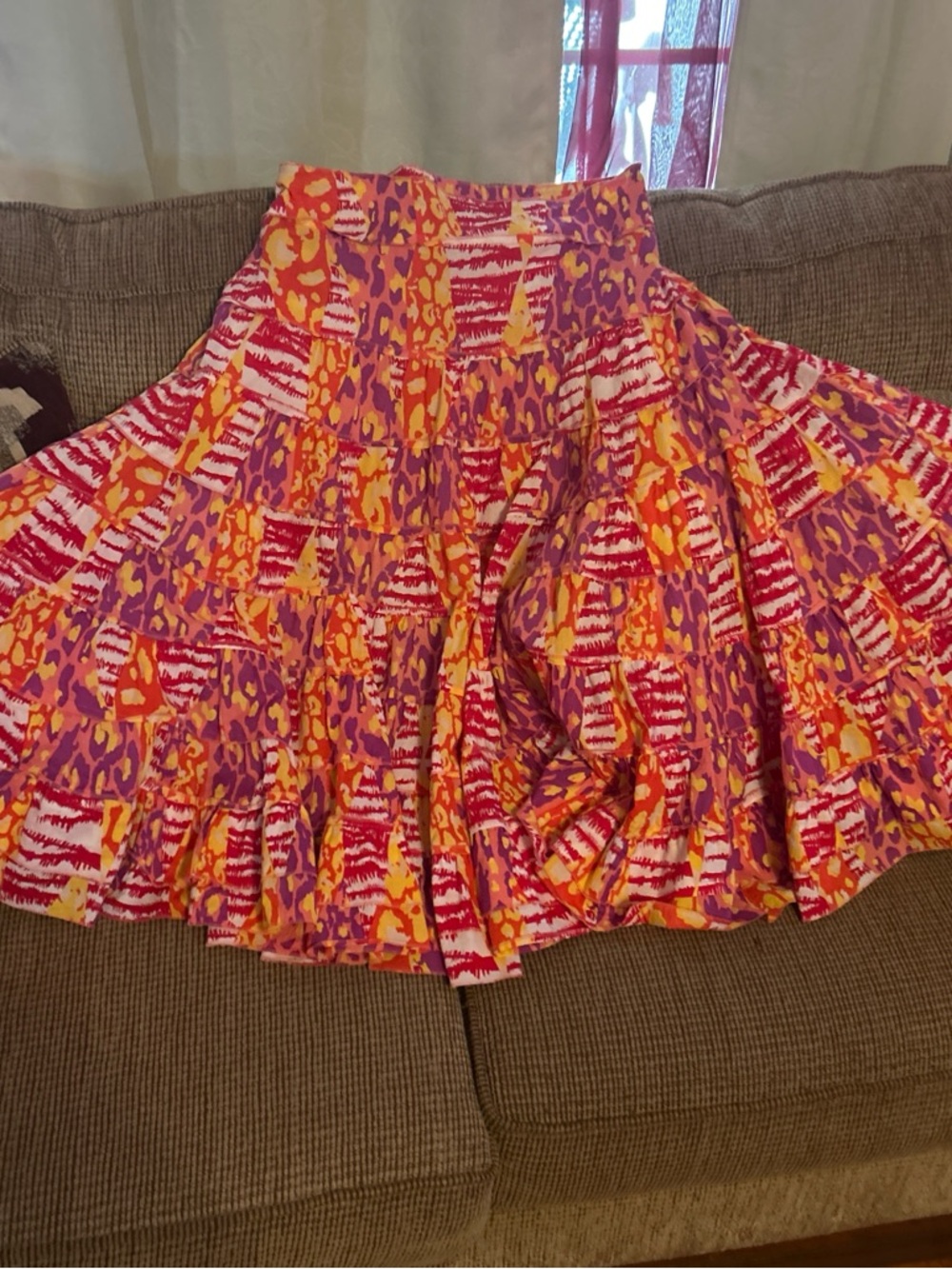 Tiered A-Line Midi Skirt in Pink and Orange Print